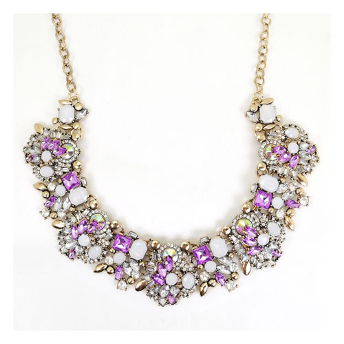 A-QF-JN0231PINK Pink White Gems Elegant Statement Necklace - Click Image to Close
